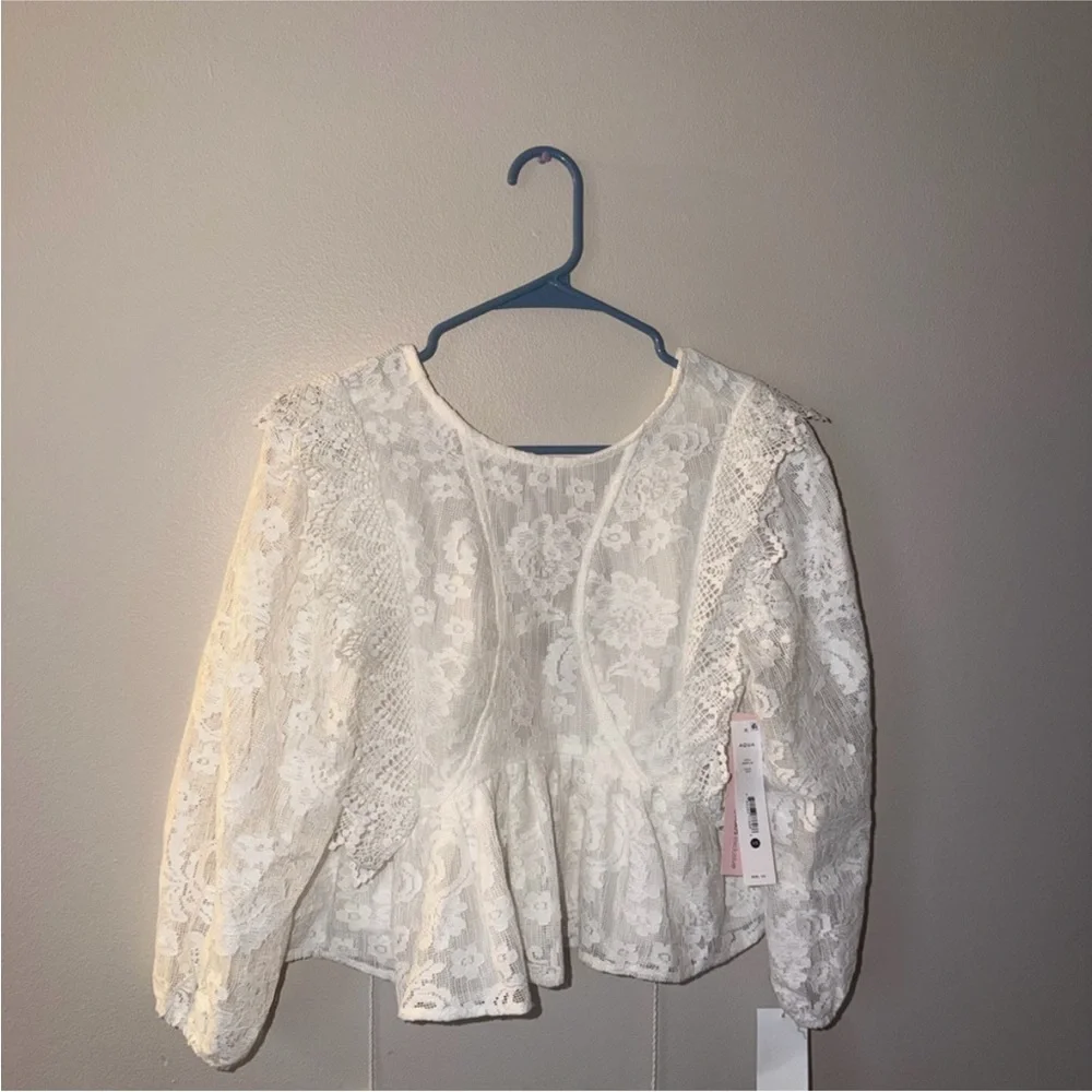 Aqua Ivory Lace V-Neck Peplum Top Size 0 Like New Sheer Sleeve Blouse - Picture 3 of 4